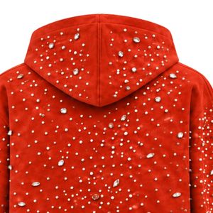 Orange Red Pearl <b>Zip</b> Up <b>Hoodie</b> Sparkling Crystal Studded Streetwear Jacket Long Sleeve Hooded Sweatshirt With <b>Pockets</b> - Product Image 4