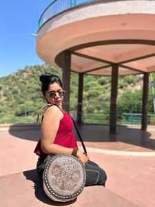 Handmade Tooled Leather Canteen Bag Hand Tooled <b>Round</b> Handbag Women Embossed Flower Print Tooling Fur Leather Shoulder <b>Sling</b> Bag - Product Image 2