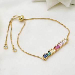 925 Sterling Silver Gold Plated <b>Rainbow</b> CZ Bar <b>Bracelet</b> for Women Adjustable Slider Chain <b>Bracelet</b> Colorful Gemstone Jewelry - Product Image 1
