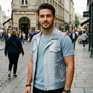 Chaleco de Motocicleta Transpirable de Cuero Genuino para Hombre, Estilo Traje, Color Azul Cielo - Product Image 4