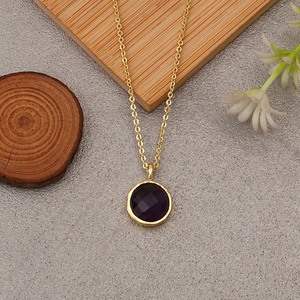 Collier pendentif rond superposé plaqué or avec améthyste violette, fait main, style bohème, breloque pierre de naissance de février, bijoux pour anniversaire et anniversaire de mariage - Product Image 2