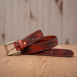 Western <b>Cowboy</b> Leather <b>Belt</b> for Men Vintage Brown Hand Tooled Leaf Design Genuine Leather <b>Belt</b> with Antique Brass Buckle - Product Image 2