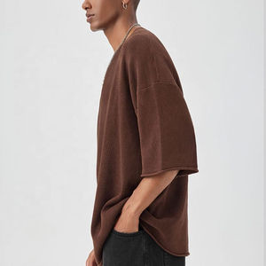 เสื้อยืดคอกลมพิมพ์โลโก้ตามสั่ง ทรงดรอปโชว์เดอร์ สำหรับแฟชั่น วัสดุเนื้อหนา สีน้ำตาลล้วน เสื้อยืดดรอปโชว์เดอร์แบบเรียบ - Product Image 3