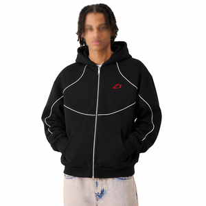 Contrast Piping <b>Men</b> Full Zip Hoodies <b>Black</b> Cotton <b>Fleece</b> Relaxed Fit Athletic Streetwear Custom Logo Autumn Winter Manufacturer - Product Image 1