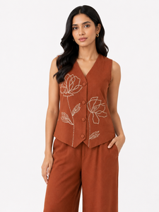 Women's Rust Brown Two Piece Co-Ord <b>Set</b> | Embroidered Sleeveless Waistcoat & Wide Leg Pants - Product Image 3