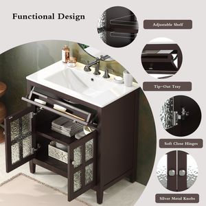 Mobile da Bagno da 30 Pollici con Gambe in Legno Massello e Lavabo in Ceramica, Dotato di Ripiano Regolabile e Vassoio Estraibile - Product Image 5