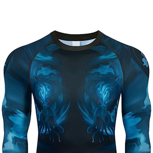 Men's Long Sleeve <b>Compression</b> Rash Guard Black Blue Geometric Print Crew Neck Moisture Wicking Fitted Athletic Top - Product Image 3