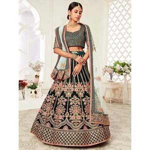 Elegant Green Velvet Lehenga Choli for <b>Bride</b> Plus Size XL with Pearl Embellishments - Product Image 6