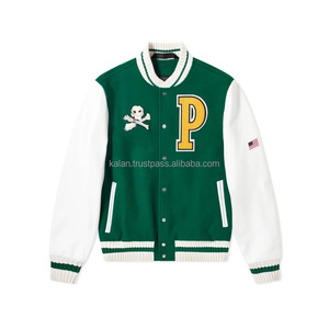 Vert foncé KVJ119 veste d'hiver en laine pour hommes manches en cuir blanc Letterman Varsity Style brodé mot sans col broderie - Product Image 1