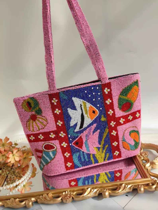 Ocean Beaded Tote Bag - Handmade <b>Pink</b> Tropical Fish and Shell <b>Purse</b>, Colorful Summer Beach Shoulder Bag - Product Image 5