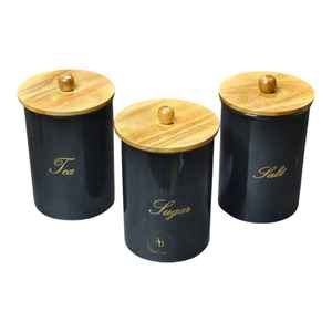 Ensemble de contenants de rangement en métal et en bois faits à la main, écologiques, avec couvercles hermétiques, jolies boîtes de cuisine modernes pour le sel, le sucre, le thé - Product Image 1