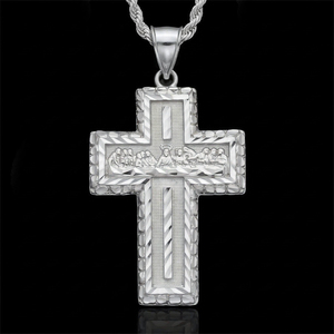 Pendentif Croix en Moissanite Plaqué Or 18K Effet Or Blanc, Breloque Gravée Chrétienne, Chaîne à Maillons, Collier Hip Hop, Bijou Cadeau - Product Image 1