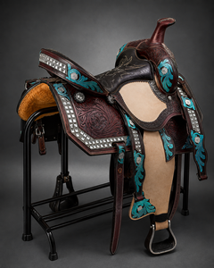 Premium Handmade Western Horse Saddle Genuine <b>Leather</b> Custom Cowboy Saddle with Turquoise Floral <b>Tooling</b> Silver Conchos - Product Image 3