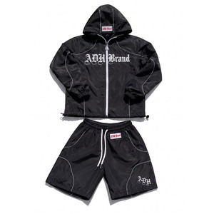 Ensemble de survêtement ADH noir à capuche avec fermeture éclair, manches longues, short léger en polyester, streetwear, vêtements d'été - Product Image 1