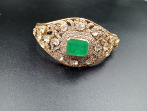 Classic Gold Plated <b>Cuff</b> <b>Bracelet</b> With Emerald Cut Green Stone And Round Brilliant Cut Diamonds Women's Wedding Jewelry - Product Image 2