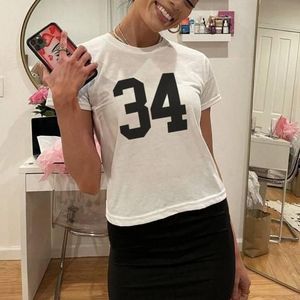 <b>Crop</b> <b>Top</b> T-Shirt With Number Print Short Sleeve O-Neck Street Style Jersey Knitted Women's Casual Wear - Product Image 2