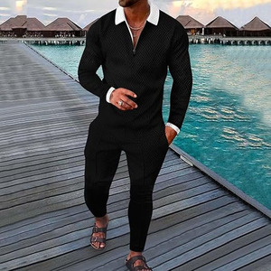 Ensemble de survêtement de luxe noir texturé pour homme – Ensemble de performance haut de gamme deux pièces avec pull polo à quart de zip - Product Image 2
