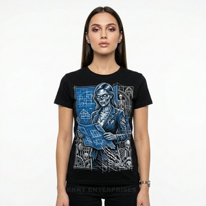 T-shirt professionnel pour femme avec motif 'Zombie' et 'Plan d'architecte', design créatif unique, 100% Coton, fournisseur d'impression personnalisée - Product Image 1