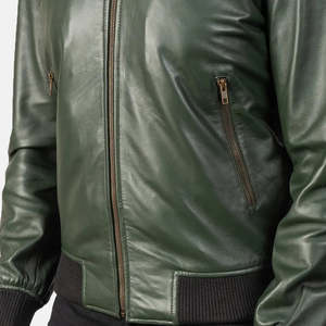 Blouson aviateur en cuir véritable vert pour homme, col montant, fermeture éclair, style moto, idéal pour l'automne - Product Image 3