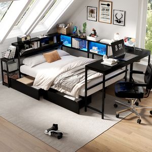 Modern Full-Size <b>Corner</b> Bed Frame with LED Light Charging Station & Bookcase 2 Underbed <b>Storage</b> Drawers Left Side - Product Image 1