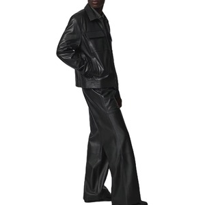 Veste en cuir noire pour homme, col rabattu, fermeture éclair, style workwear, manches classiques, couleur unie, vêtement d'automne - Product Image 4