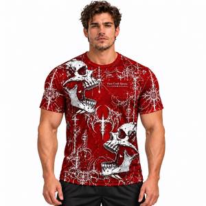 Camiseta de Manga Corta con Estampado de Calavera Gótica Roja para Hombre, Cuello Redondo, Impresión Digital - Product Image 1