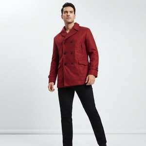 Winter Warm <b>Men's</b> Business Woolen Trench Jacket <b>Overcoat</b> Pea Coat Trending Red Minimalist Button Closure Coats - Product Image 2