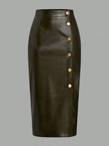 Jupe mini plissée vintage en cuir véritable pour femme, taille haute, couleur unie, décoration boutonnée, style bureau, toutes saisons - Product Image 3