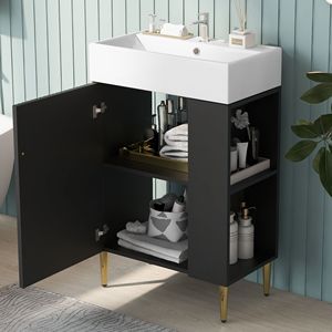 Mobile bagno nero da 21,6 pollici con lavabo singolo in ceramica e mobiletto contenitore laterale destro - Product Image 1