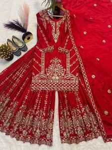 DESIGNER CHINON EMBROIDERY CODING SEQUENCE WORK TOP PALAZZO WITH DUPATTA <b>RED</b> 75254 - Product Image 3