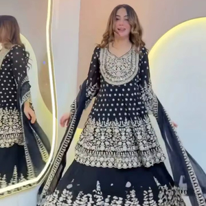 Traje Sharara Tradicional Bordado en Tela Georgette Sintética Azul Marino con Dupatta para Eid, para Mujer, Negro, de Secado Rápido, Protección Solar - Product Image 1