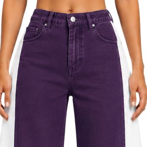Vaqueros anchos morados y blancos personalizados para mujer, pantalones de mezclilla de cintura alta con paneles en contraste, pantalones casuales de moda urbana de corte holgado - Product Image 6
