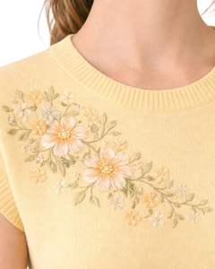 Suéter de Punto sin Mangas para Mujer, Color Amarillo, Bordado Floral, Cuello Redondo, Suave, Ligero, Informal, Chaleco de Verano, Top Elegante y Moderno - Product Image 6