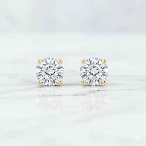 Boucles d'oreilles clous en diamant rond CVD cultivé en laboratoire, classiques solitaires, en or massif 10 carats, cadeau idéal pour mariage ou promesse - Product Image 1