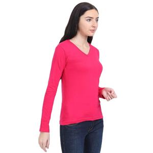 เสื้อยืดแขนยาวคอวีสีชมพูสำหรับผู้หญิง ผ้าฝ้ายถัก 100% สวมใส่สบาย สีพื้น ระบายอากาศได้ดี ทรงเข้ารูป ใส่ได้ทุกฤดู - Product Image 4