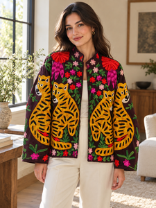 Women's Velvet <b>Sequined</b> SUZANI <b>JACKET</b> Crew Neck Drop Shoulder Floral Hand Embroidery Winter Boho Style Outerwear - Product Image 2