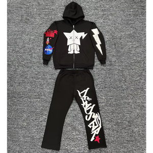Chándal de invierno unisex de talla grande, estilo streetwear, personalizado, con efecto desgastado por el sol, de forro polar, con capucha y patchwork desgastado de estilo urbano - Product Image 3