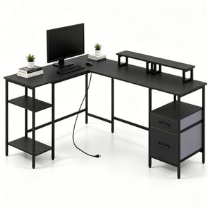 Scrivania ad Angolo a L con Stazione di Ricarica Mobile, Supporto Monitor Reversibile, Ripiano Regolabile a 4 Posizioni, Cassetti Pieghevoli in Tessuto - Product Image 1