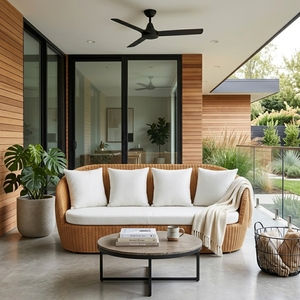 Natural Woven Rattan Outdoor Seater <b>Sofa</b> Curved Off White <b>Bench</b> Mattress Pillows Patio Lounge Couch Setup Decor Pure Art - Product Image 3