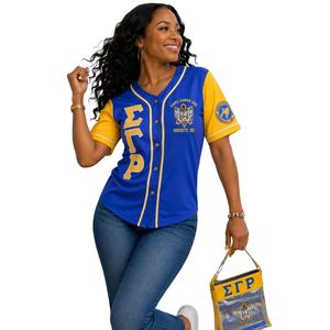 Maillot de baseball bleu et jaune pour femme, à manches courtes, boutonné sur le devant, avec motif graphique de lettres grecques brodé, décontracté, pour sports d'équipe - Product Image 5