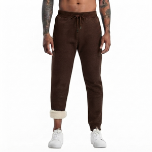 DROGEN EXPORT Men Dark Brown Spring Warm Sherpa Lined Fleece <b>Linen</b>/Cotton Anti-Pilling Lightweight Casual Joggers Athletic Pants - Product Image 1