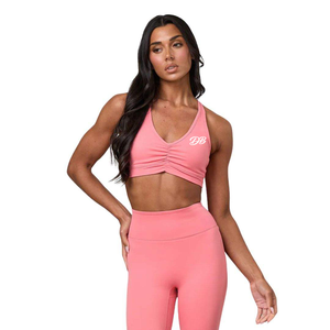 Custom Logo <b>Pink</b> Ruched V Neck Sports Bra Women High Support Padded Gym Athletic Fitness <b>Crop</b> <b>Top</b> Activewear Wholesale - Product Image 1
