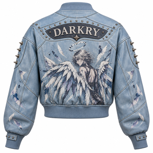 Chaqueta Bomber de Cuero Genuino Azul Claro para Mujer con Estampado de Arte de Halo Alado Personalizado, Dobladillo Acanalado y Detalles de Púas - Fabricante de Prendas de Abrigo - Product Image 2