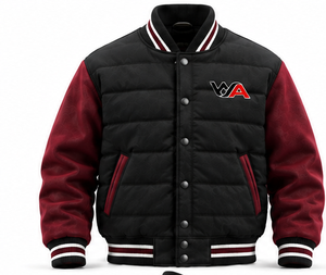 Men's <b>Quilted</b> Varsity Jacket Black Padded Body Burgundy <b>Wool</b> Sleeves Premium Puffer Letterman Jacket Outerwear OEM - Product Image 1