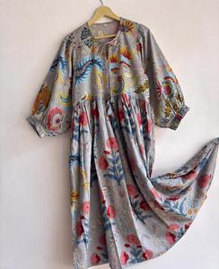 OEM New Boho Floral Print Maxi <b>Dress</b> With Puff Sleeves <b>Loose</b> Fit O-Neck Breathable Cotton Casual Women <b>Dress</b> Spring Style - Product Image 3