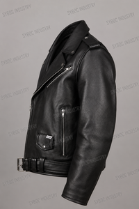 Mens Black Lambskin Motorcycle Jacket Classic Asymmetric Zip Perfecto Style <b>Wide</b> Lapel <b>Belted</b> Waist Zip Cuffs Rider - Product Image 2