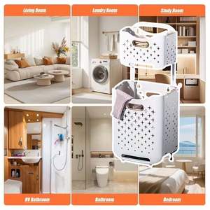 Cesto de Ropa Plegable de Doble Capa Blanco de 44L con Ruedas, Bolsas Interiores Extraíbles, Transpirable, Ahorra Espacio, Clasificador de Ropa para Apartamento y Hogar - Product Image 2