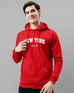 Sweat-shirt à capuche imprimé New York U.S.A pour homme, coupe classique, en polaire rouge, décontracté, pour l'automne, avec poche - Product Image 2