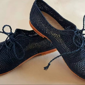 รองเท้าอ็อกซ์ฟอร์ดทำจากเส้นใยราฟเฟียสำหรับผู้หญิง รองเท้าราฟเฟียโมร็อกโก รองเท้าอ็อกซ์ฟอร์ดทำมือ สไตล์โบโฮชิค รองเท้าผูกเชือกแบบแบนราฟเฟีย - Product Image 1