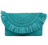 Tas Amplop Rajut Raffia Teal dengan Rumbai Gaya Bohemian Ramah Lingkungan Tahan Lama Dapat Disesuaikan untuk Penggunaan Malam Hari.
